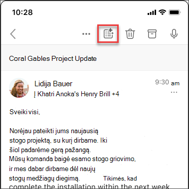„Copilot“ suvestinės piktograma, skirta el. laiško gijai apibendrinti „iOS“ ir „Android“.