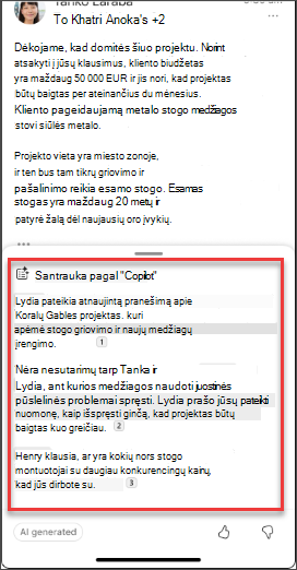 El. laiško santrauka iš „Copilot“, esanti „iOS“ ir „Android“