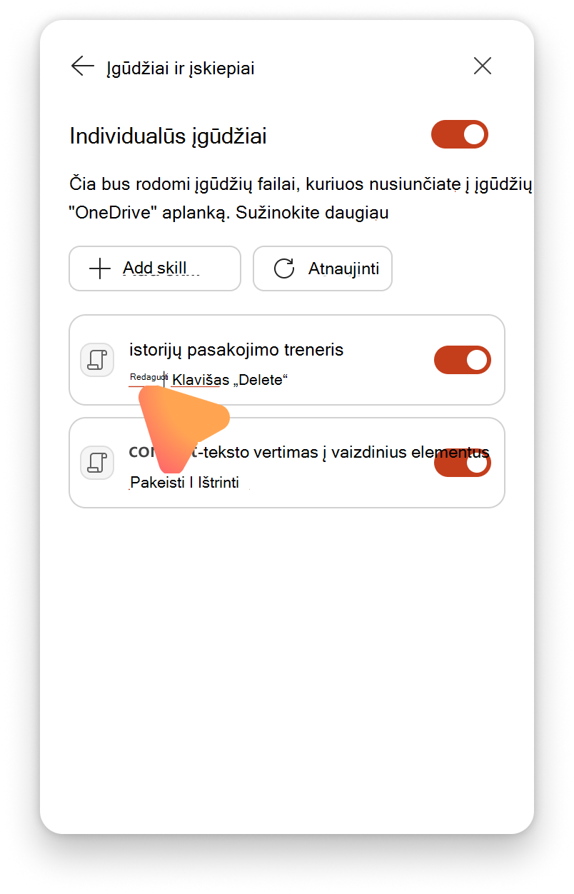 Ekrano kopija, kurioje rodomi redagavimo ir naikinimo įgūdžiai 