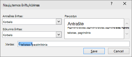 Dialogo langas Naujų temos šriftų kūrimas su antraštės ir teksto šriftų pasirinkimais