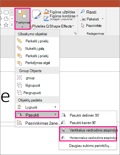 Ekrano kopija, kurioje matomos parinktys Išdėstyti > , Pasukti, Apversti > programoje 