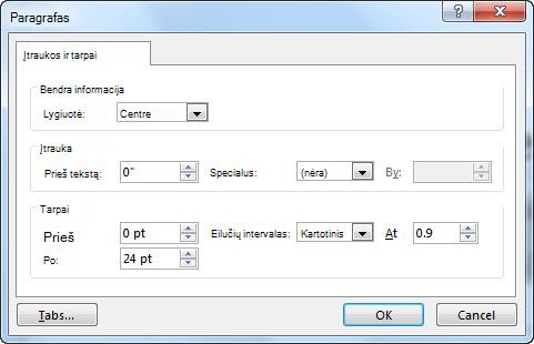 Dialogo langas „Pastraipa“ programoje „PowerPoint“