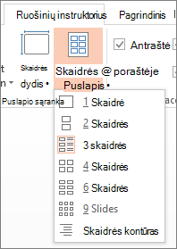 Ekrano kopija, kurioje rodomos skaidrių puslapyje parinktys