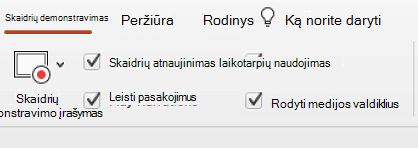 Juostelės skirtukas Skaidrių demonstravimas, kuriame matoma parinktis Palikti skaidres atnaujintas.