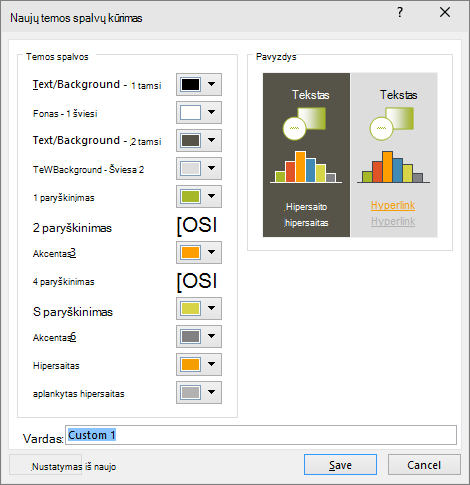 rodomas pasirinktinės temos spalvų dialogo langas programoje „PowerPoint“