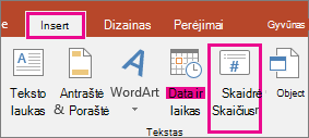 programos „PowerPoint“ juostelėje rodomas skaidrių numerių mygtukas