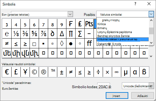 „PowerPoint“ dialogo lange Simbolis rodo apatinį ir viršutinį indeksą