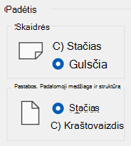 Yra skaidrių, pastabų ir padalomosios medžiagos padėties parinktys.