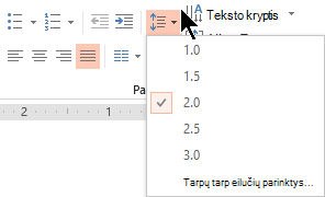 Juostelės meniu parinktys Eilučių intervalai leidžia pasirinkti viengubo, dvigubo ar kito vertikalaus eilučių intervalo parinktis.