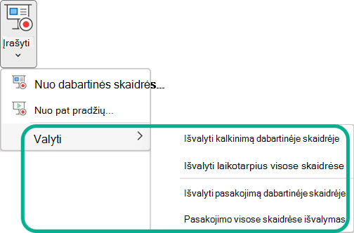 „PowerPoint“ meniu mygtuko Įrašyti skaidrių demonstravimą valymo komandos.