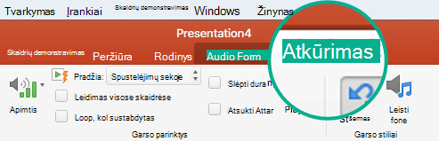 Skaidrėje pasirinkus garso klipą, įrankių juostoje parodomas Atkūrimo skirtukas, kuriame galite nustatyti atkūrimo parinktis.
