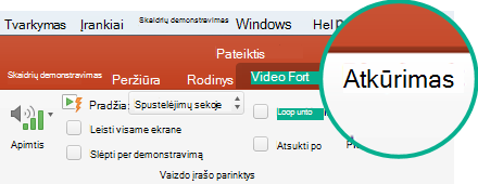 Skaidrėje pasirinkus vaizdo įrašą, įrankių juostoje parodomas Atkūrimo skirtukas, kuriame galite nustatyti vaizdo įrašo parinktis.