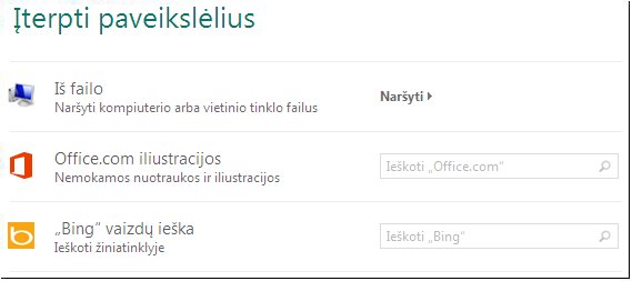 Dialogo langas Paveikslėlių įterpimas programoje „Publisher 2013“
