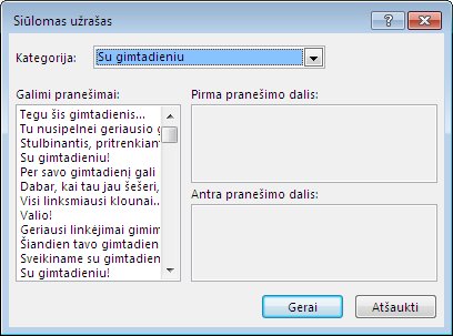 Siūlomi sveikinimo atvirukų užrašai programoje „Publisher 2013“