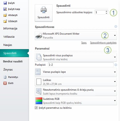 Spausdinimo parametrai programoje „Publisher“