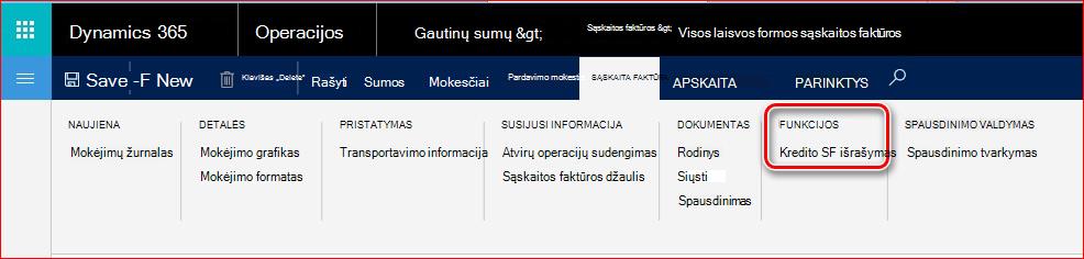 Šiame paveikslėlyje parodyta, kaip rasti kredito SF išrašymo funkciją.