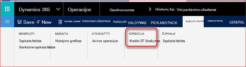 Šiame paveikslėlyje parodyta, kaip rasti kredito SF išrašymo funkciją.