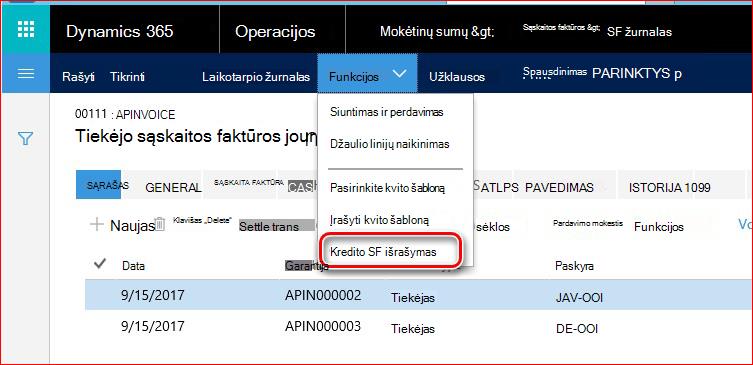 Šiame paveikslėlyje parodyta, kaip rasti kredito SF išrašymo funkciją.