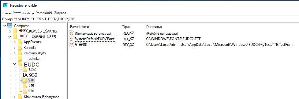Registro rengyklės EUDC raktas, rodantis SystemDefaultEUDCFont reikšmę