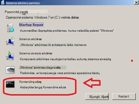 Sistemos atkūrimo parinkčių meniu su pasirinkta komandine eilute