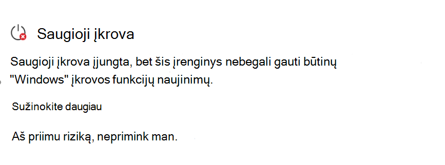 Saugiosios įkrovos skyrius, kuriame rodoma veiksmo būsena Reikia su raudona stabdymo piktograma.