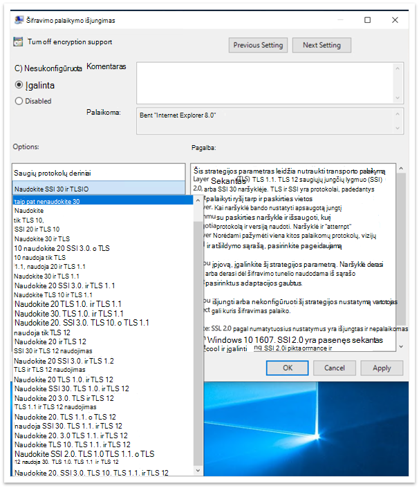 Turn off encryption support enabled with drop down showing various options
