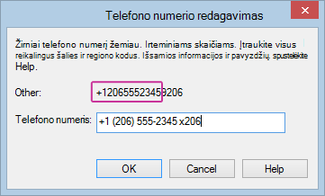 „Lync“ redaguotas telefono numeris su įtrauktu plėtiniu