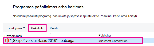 Valdymo skyde pasirinkite Pašalinti programas, tada pasirinkite „Skype“ verslui
