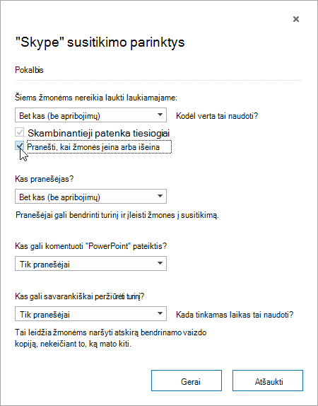 Meeting options dialog with announce when people enter or leave highlighted