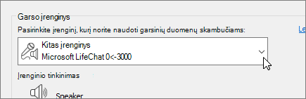 Ekrano kopija, kurioje rodomas garso įrenginio išplečiamasis meniu dialogo lange Garso įrenginio parametrai.