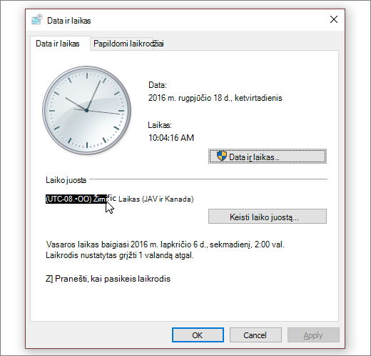 Ekrano kopija, kurioje rodomas Windows 10 datos ir laiko meniu.