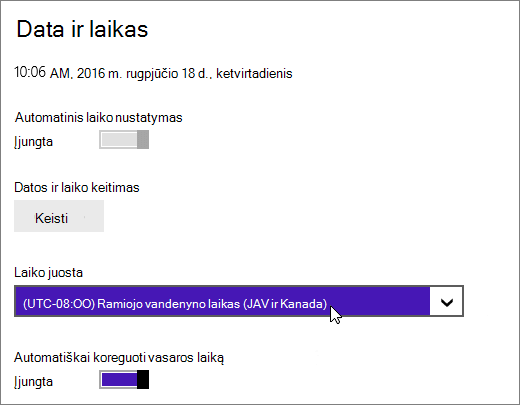 Ekrano kopija, kurioje rodomas datos ir laiko meniu sistemoje „Windows 8“.