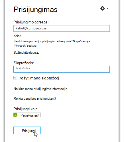 Ekrano kopija, kurioje rodoma, kur įvesti slaptažodį prisijungimo prie „Skype“ verslui ekrane.