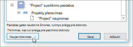 Ekrano nuotrauka, kurioje rodomas mygtukas Naujas bloknotas dialogo lange Bendrinti pastabas.