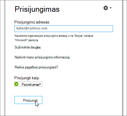 Ekrano kopija, kurioje rodomas prisijungimo mygtukas „Skype“ verslui prisijungimo ekrane.
