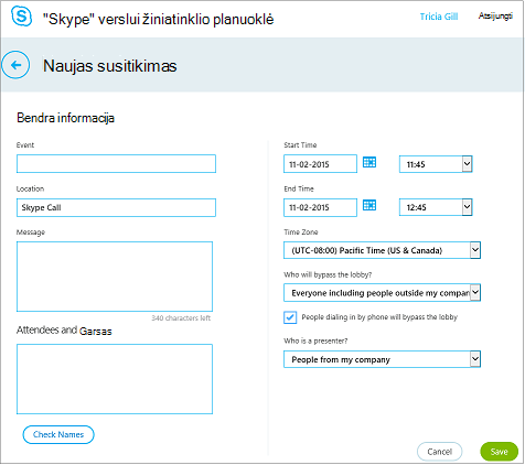 Žiniatinklio planuoklė ekrane, kur galite pateikti išsamią susitikimo informaciją ir įtraukti kviečiamų asmenų
