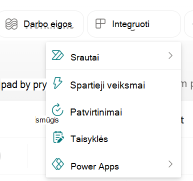 Ekrano kopija, kurioje rodomas integravimo meniu išplečiamasis sąrašas.