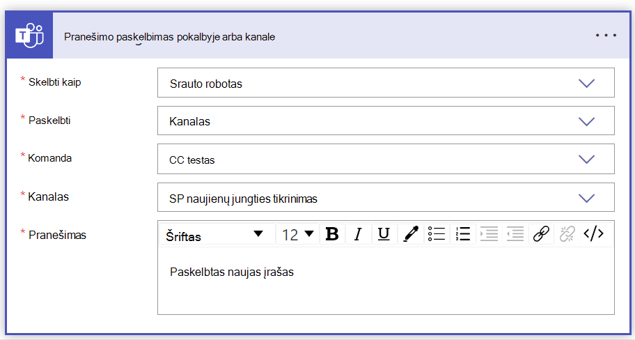 Pranešimo skelbimo pokalbių kanale formos užpildymo ekrano kopija