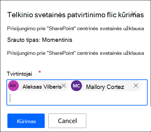 Tvirtintojų įtraukimo ekrano nuotrauka