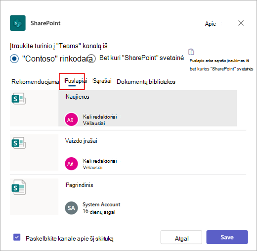 Dialogo langas Turinio įtraukimas į komandų kanalą.