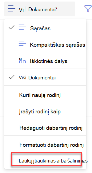 Pridėti, pašalinti laukus ekrano kopija