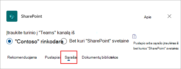 Pasirinkite Sąrašai, kad įtrauktumėte sąrašų į savo komandų kanalą.