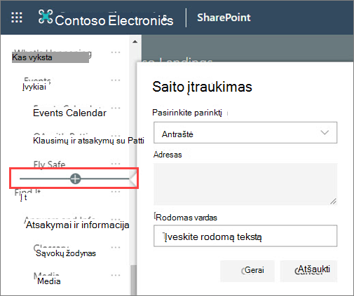 Naujos antraštės įtraukimo į naršymo sritį vaizdas