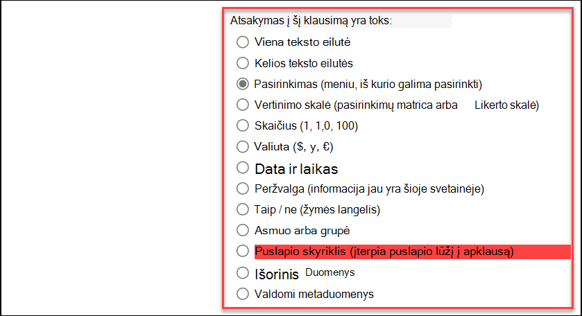 Atsakymo tipo ekrano kopija