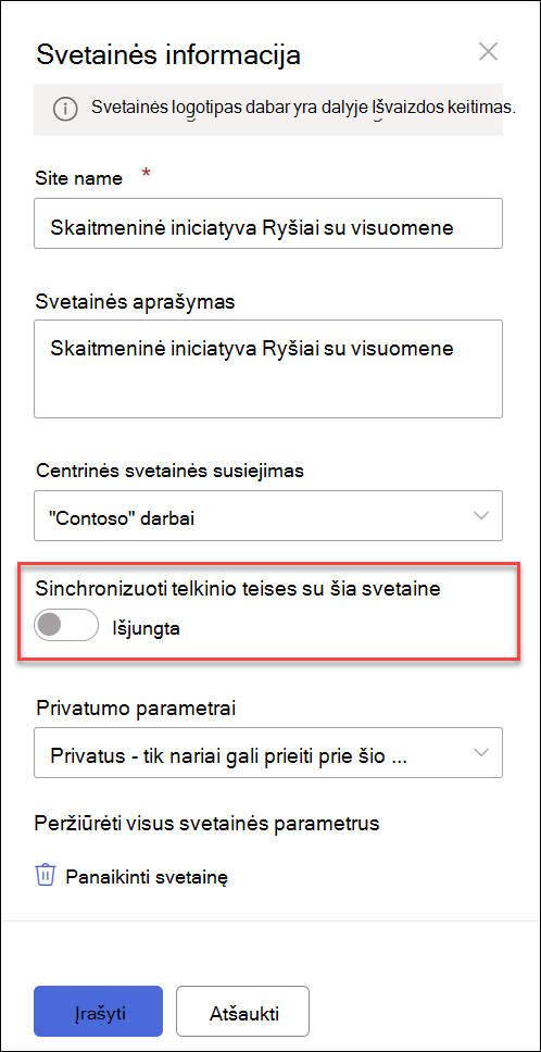 Susijusių svetainių sinchronizavimo perjungiklio ekrano kopijos