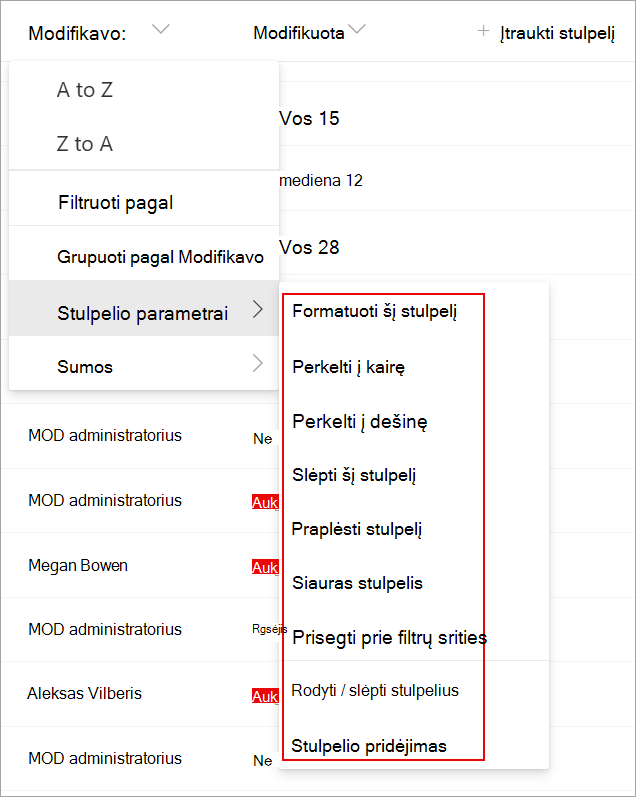 Ekrano kopija, kurioje rodomi stulpelio parametrai sąraše, kurį galite naudoti sąrašui modifikuoti.