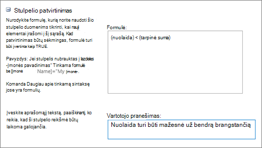 Stulpelio tikrinimo dialogo langas su laukais, užpildytais duomenų pavyzdžiais