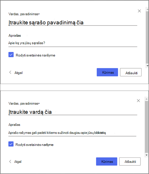 Viršutinė vaizdo dalis yra langas, skirtas tuščio sąrašo informacijai įvesti, o apatinė vaizdo dalis yra langas, skirtas dokumentų bibliotekai kurti.