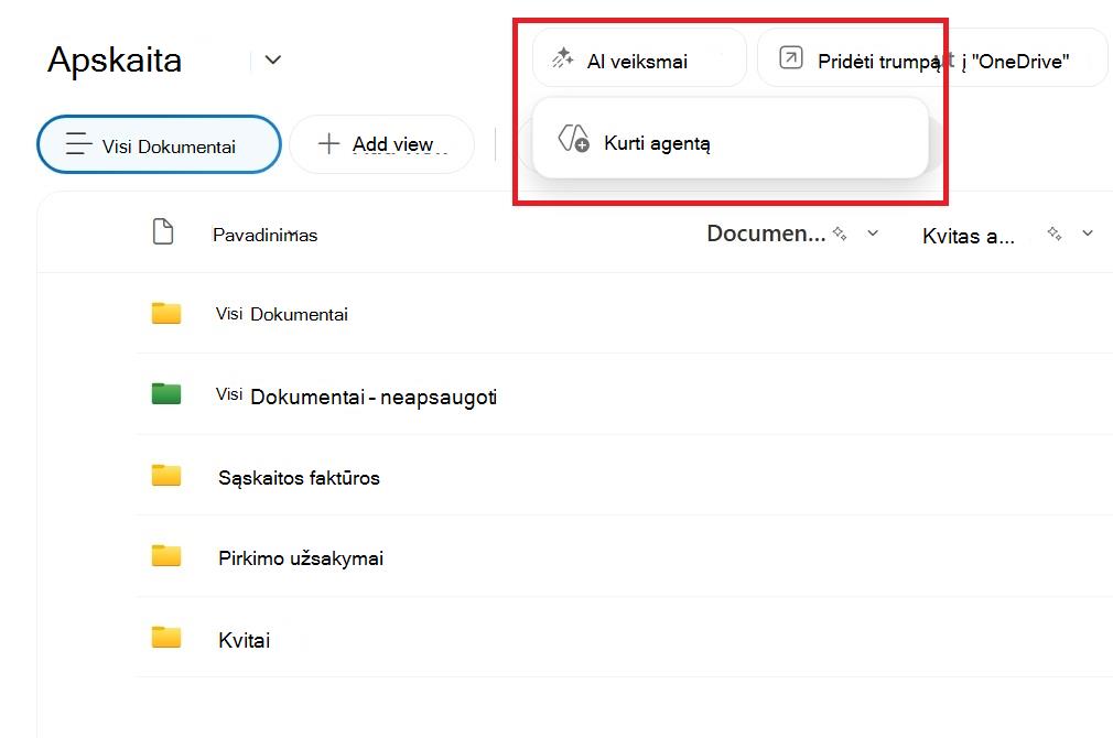 Ekrano kopija, kurioje rodomas mygtukas kurti agentą iš 