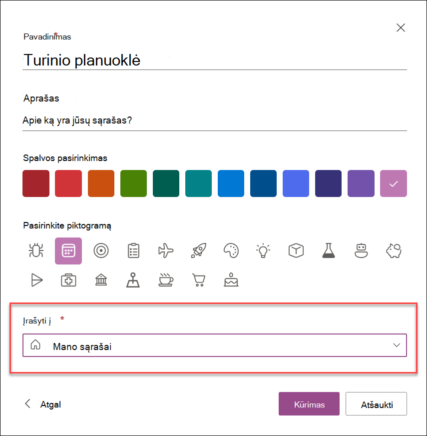 Sąrašo kūrimo iš programos Sąrašai ekrano kopija